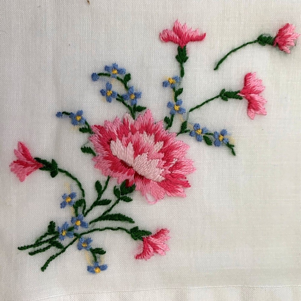 Vintage Embroidered Pink Floral Hankie Handkerchief Scalloped Edge SMALL HOLE